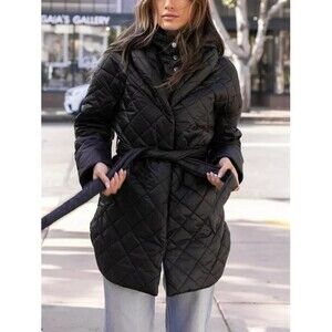 BTFBM Button Down Quilted Puffer Jacket with Belt Pockets Removable Hood Sz M